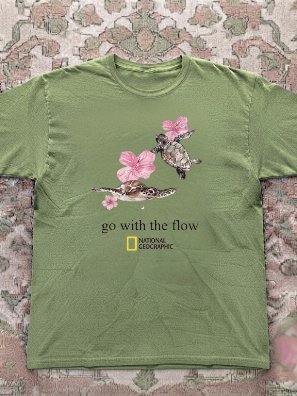 Go With The Flow Sea Turtles Pink Flowers Olive Green T-Shirt